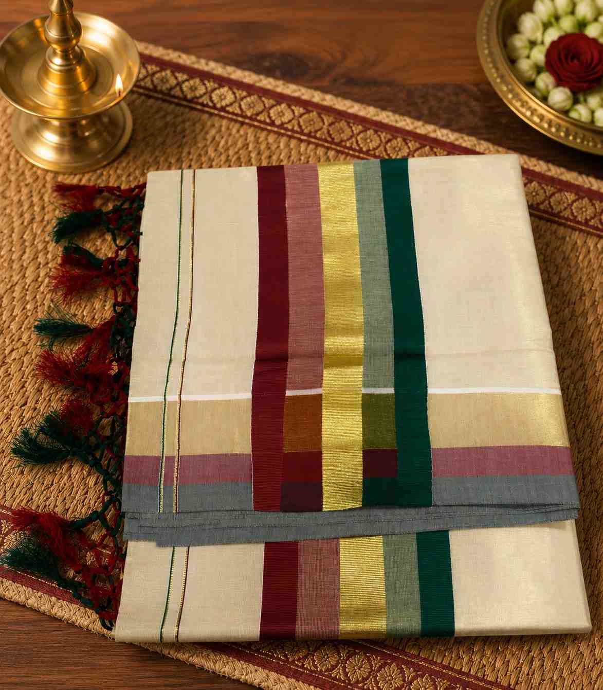 D-2255-onam-special-collection-kerala-tissue-kattikkara-double-color-kasavu-saree-in-green-border-and-tussels-Onam