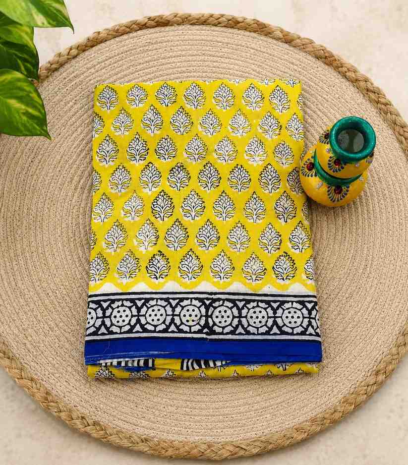 2258 Sunshine Yellow Hand Block Printed Cotton Saree with Blue Border