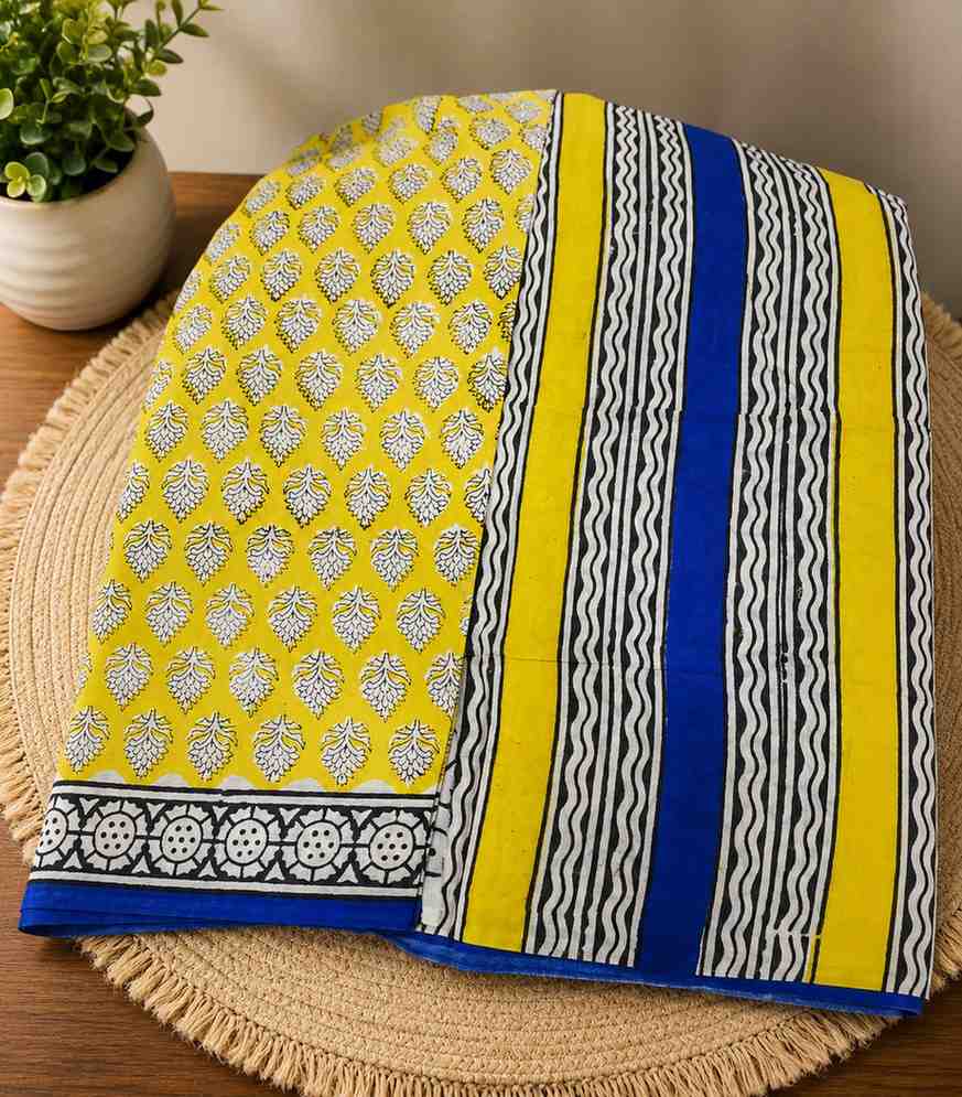 2258  Sunshine Yellow Hand Block Printed Cotton Saree with  Blue Border