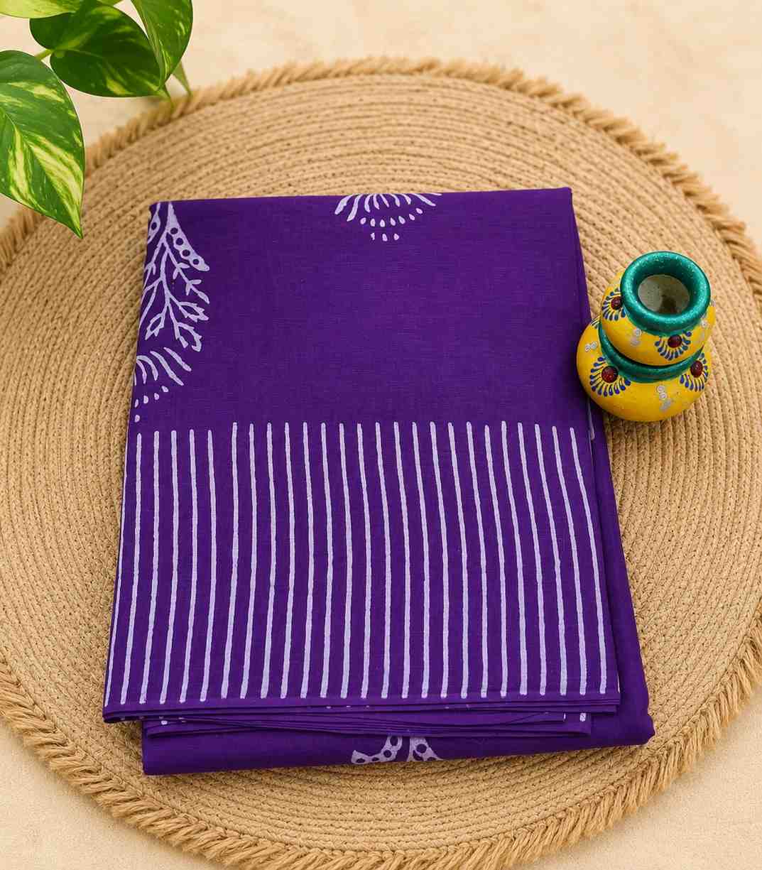 2259 Purple Color Cotton Saree with Geometric Striped Pattern Border