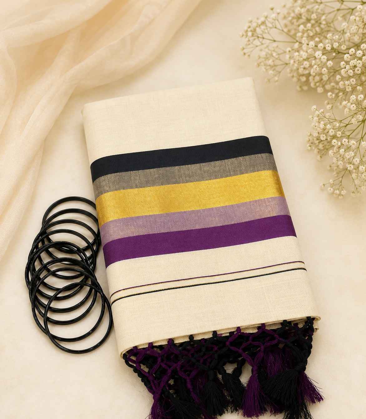 2256 Onam Special Collection Kerala Tissue Kattikkara Double Color Kasavu Saree in Black & Purple Border and Tussels