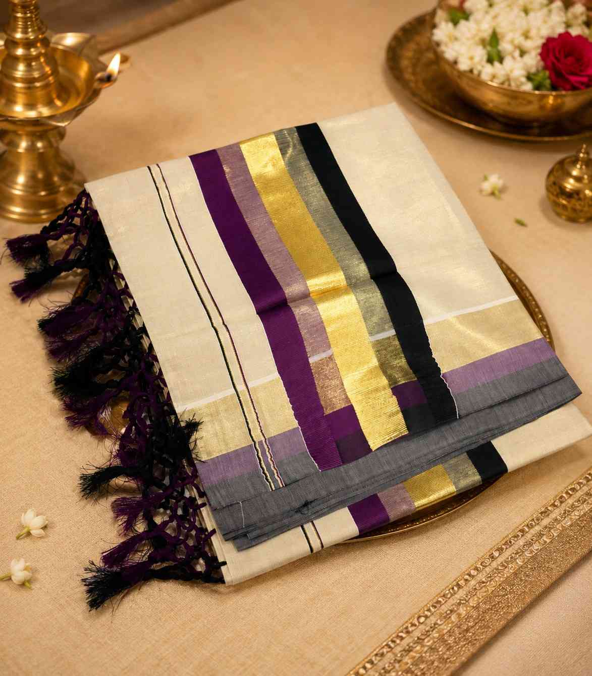 2256 Onam Special Collection Kerala Tissue Kattikkara Double Color Kasavu Saree in Black & Purple Border and Tussels