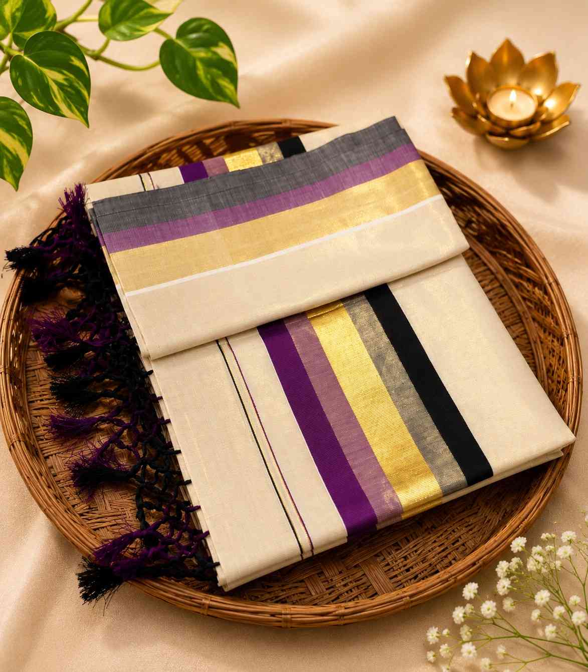 2256-onam-special-collection-kerala-tissue-kattikkara-double-color-kasavu-saree-in-black-purple-border-and-tussels
