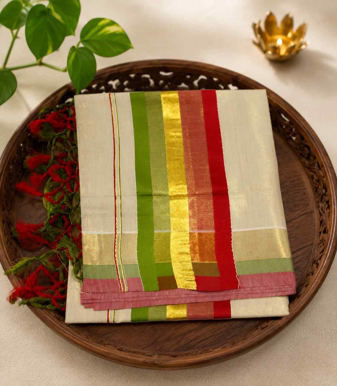 2257 Onam Special Collection Kerala Tissue Kattikkara Double Color Kasavu Saree in Red & Green Border and Tussels