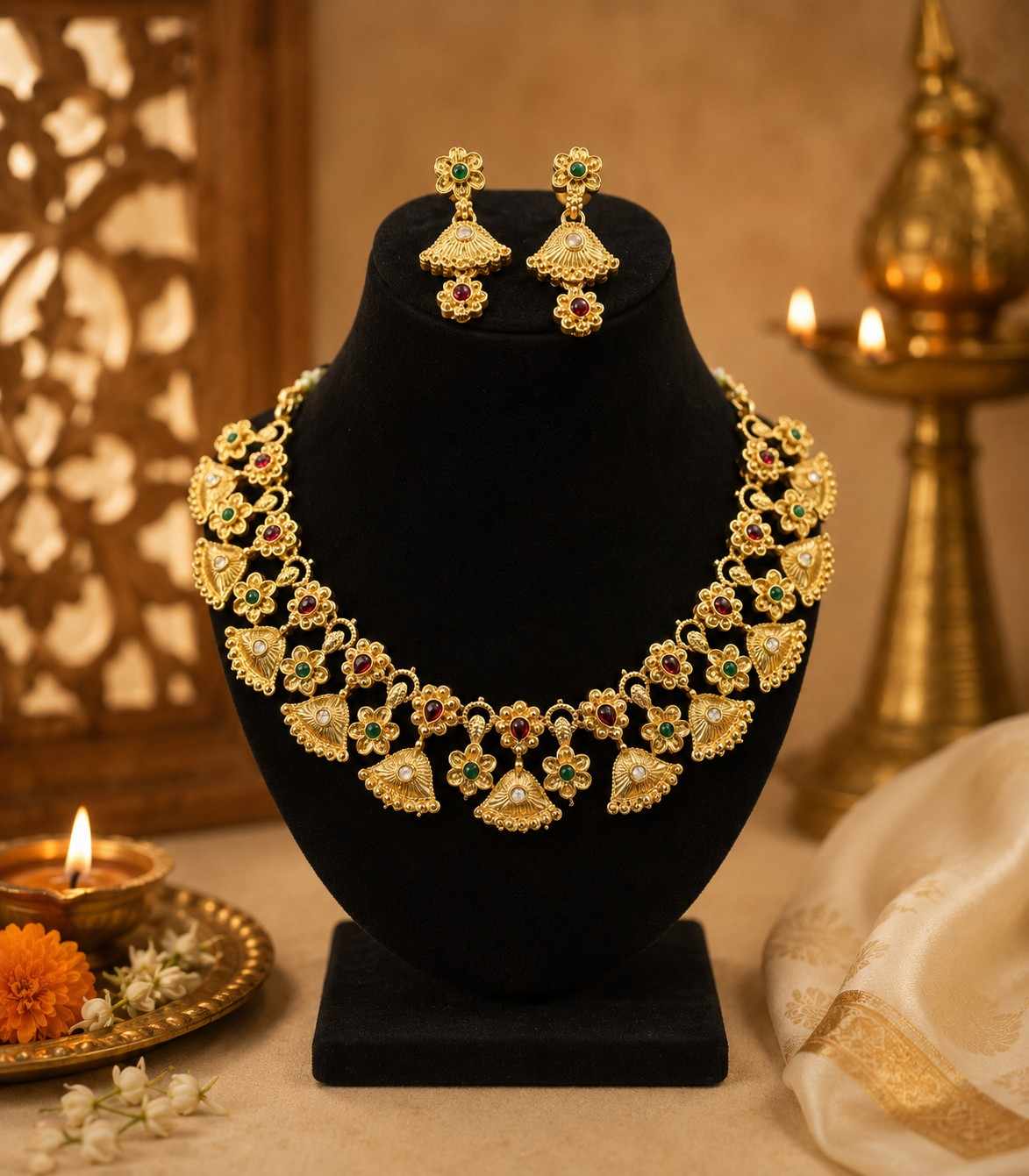 5629 Antique Indian Bridal Wedding Jewellery with Floral Drop Earrings (Red & Green)