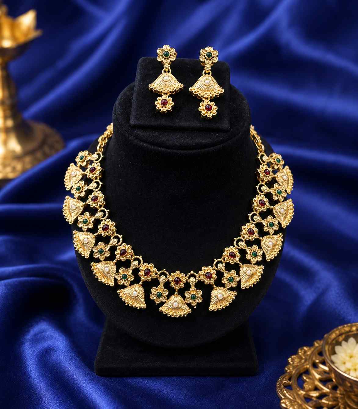 5629 Antique Indian Bridal Wedding Jewellery with Floral Drop Earrings (Red & Green)