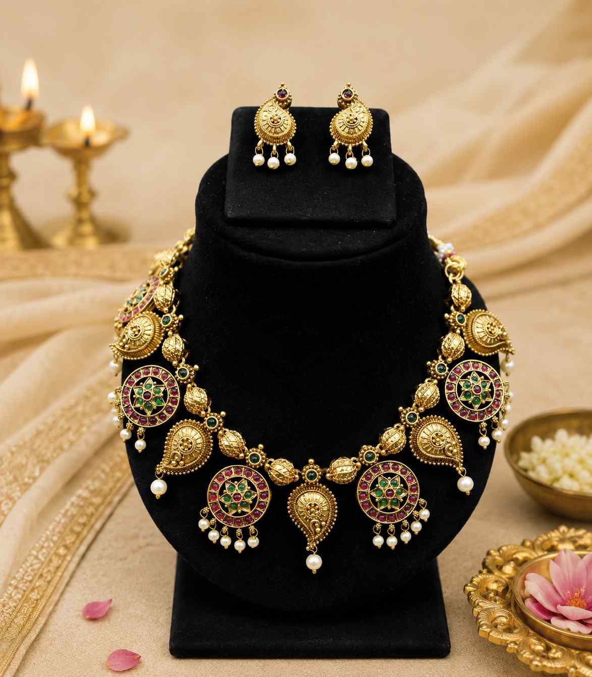 5638 Matte Gold Plated Kemp Stone Circular Motif Temple Necklace Set with Pearls