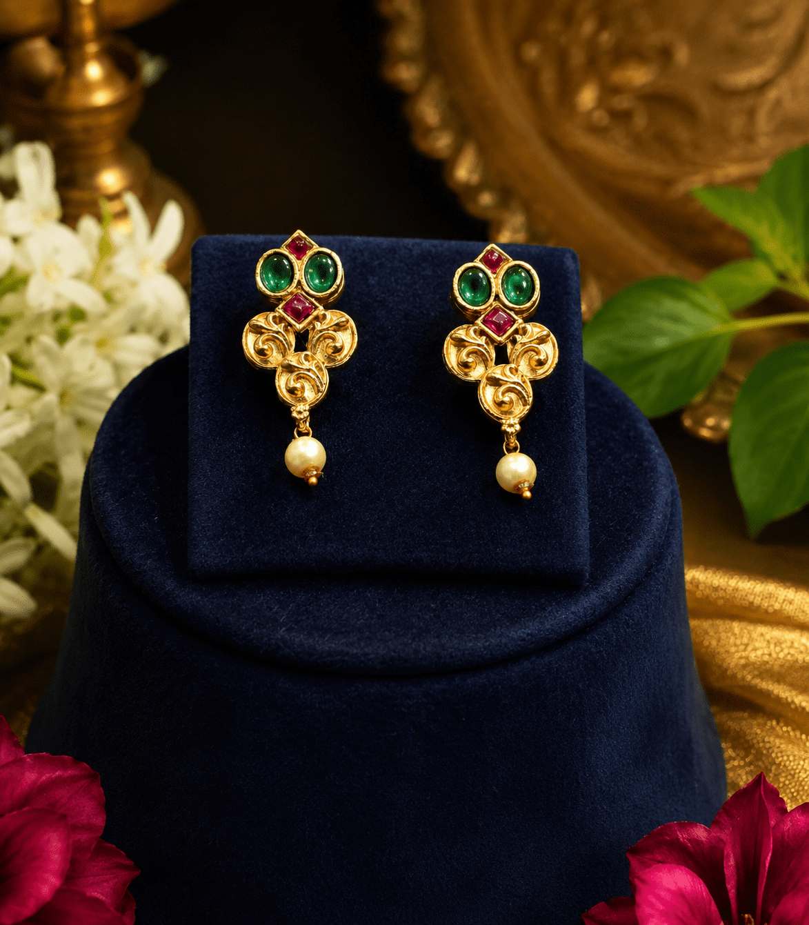 5636-gold-plated-kemp-stone-temple-choker-necklace-and-earrings-set-with-pearl-drops