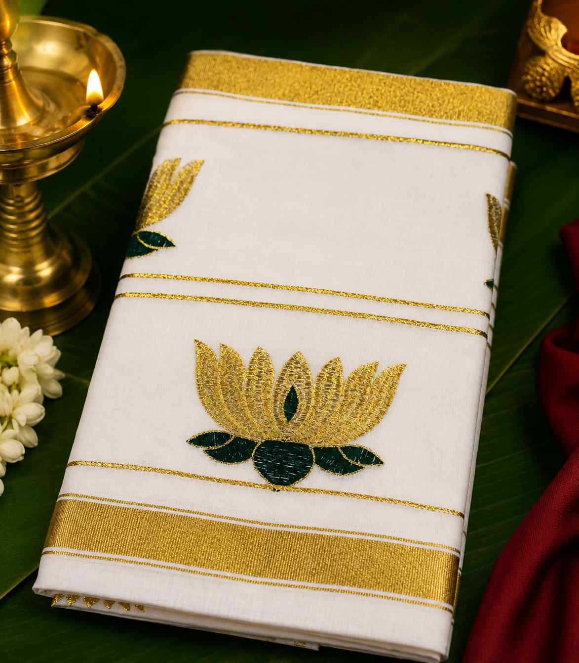 2260 Kerala Saree With Gold Zari Border and Decorative Floral Embroidery