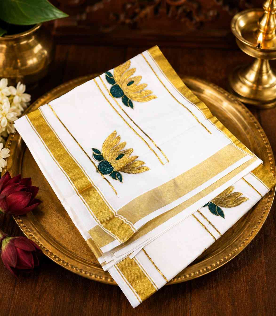 2260  Kerala Saree With Gold Zari Border and Decorative Floral Embroidery