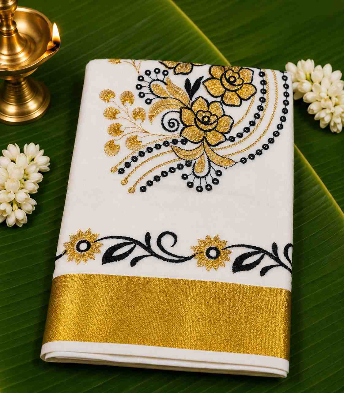 2261 Kerala Saree With Black and Gold Floral Embroidery