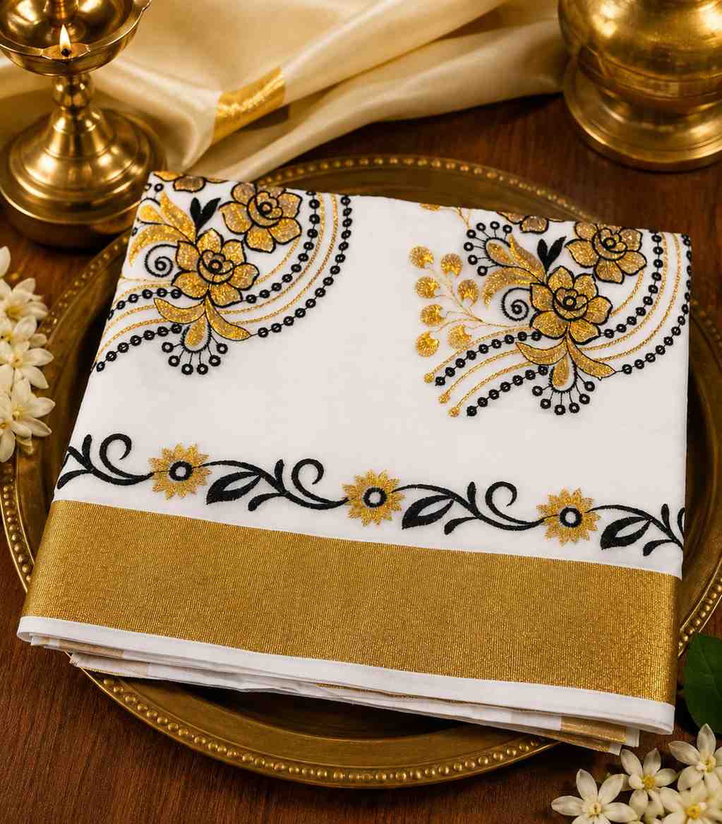 2261 Kerala Saree With Black and Gold Floral Embroidery
