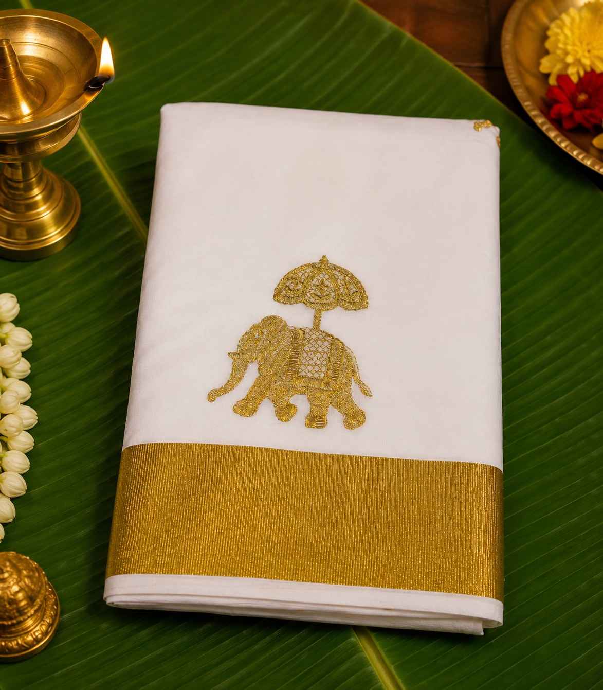 2262 Kerala Saree Traditional Gold Kasavu Border and Prominent Embroidered Elephant Motif