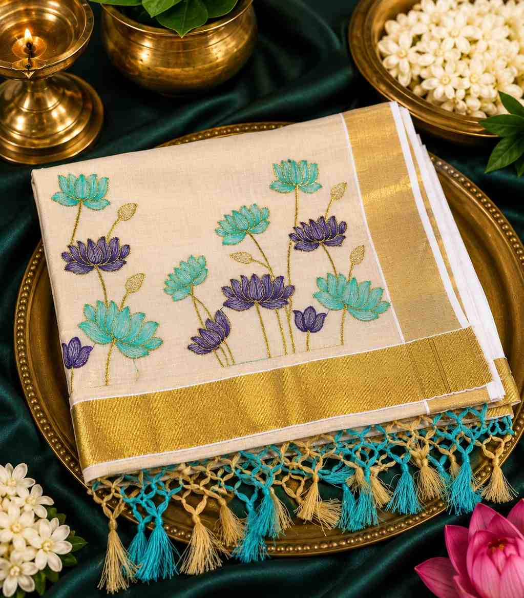 2263 Kerala Tissue Kasavu Saree in Embroidered Purple and Blue Lotus Motifs and Tassels