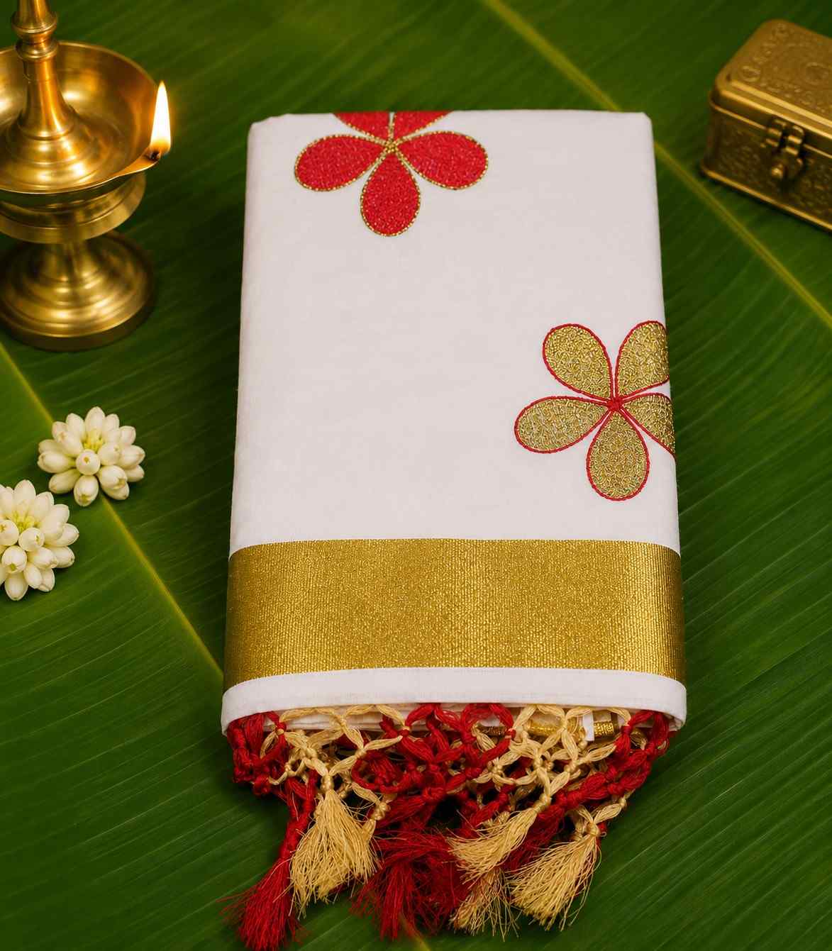 2264 Kerala Kasavu Saree With Red and Gold Embroidered Flower Motifs and Tassels