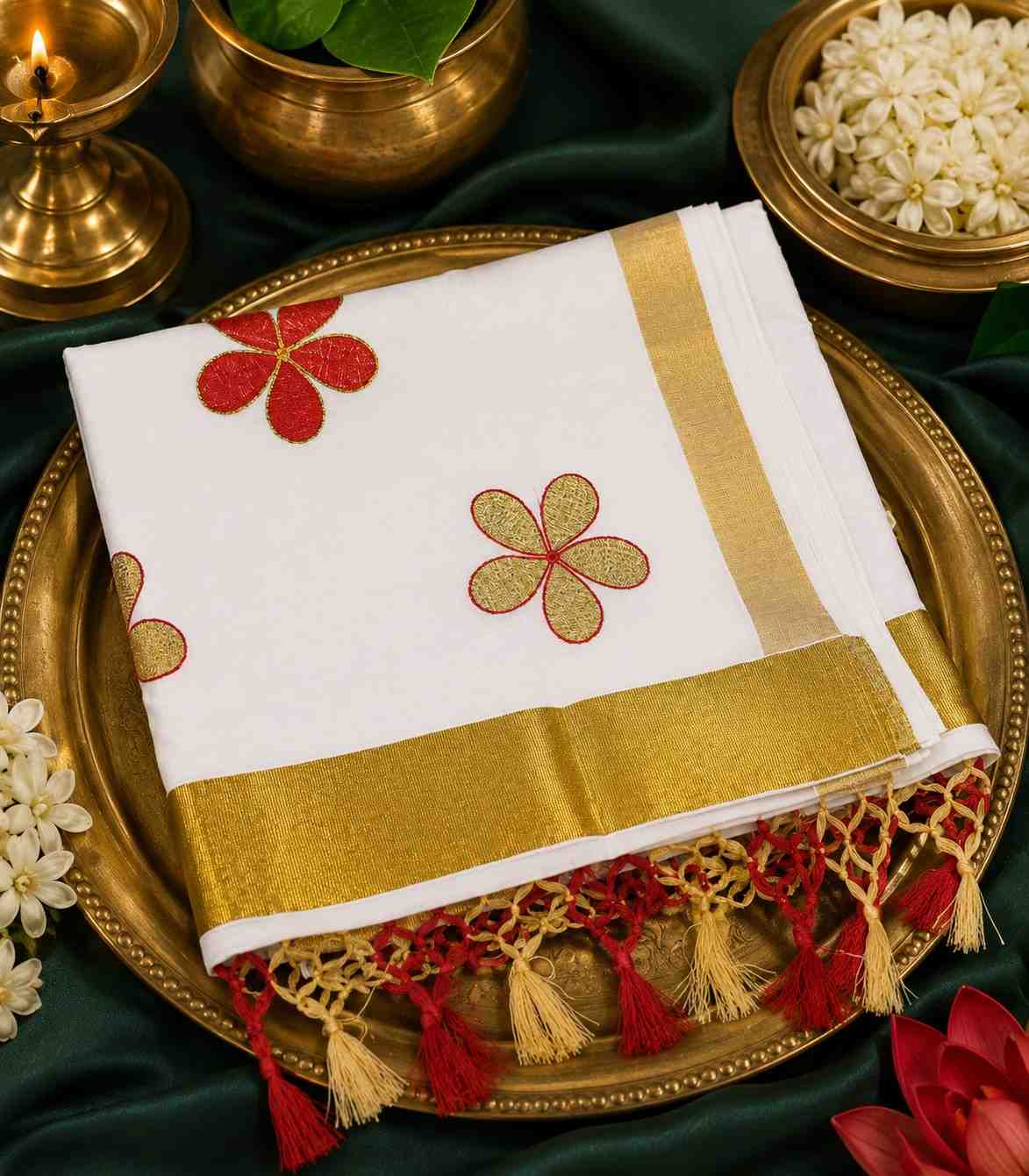 2264 Kerala Kasavu Saree With Red and Gold Embroidered Flower Motifs and Tassels