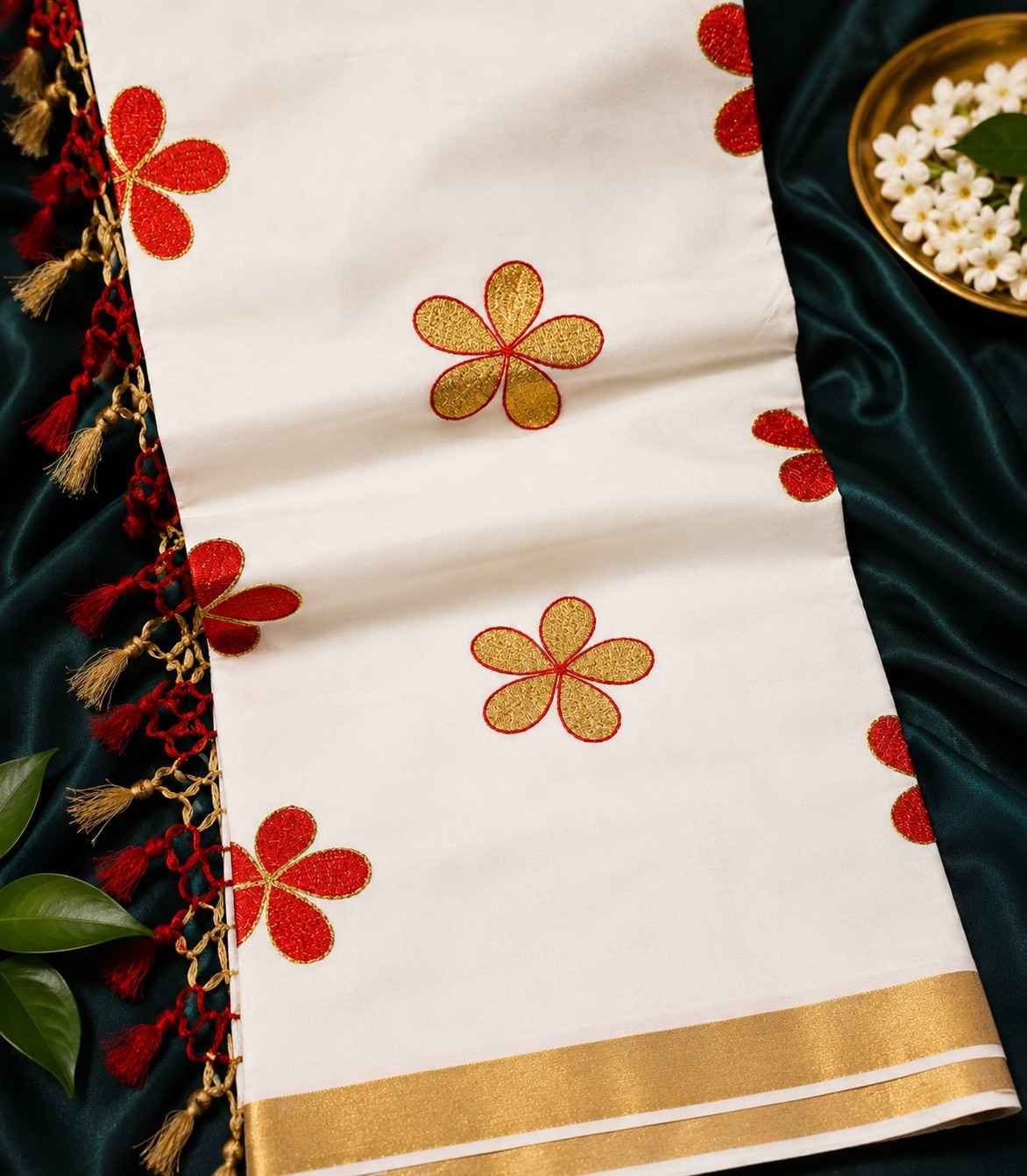 2264-kerala-kasavu-saree-with-red-and-gold-embroidered-flower-motifs-and-tassels