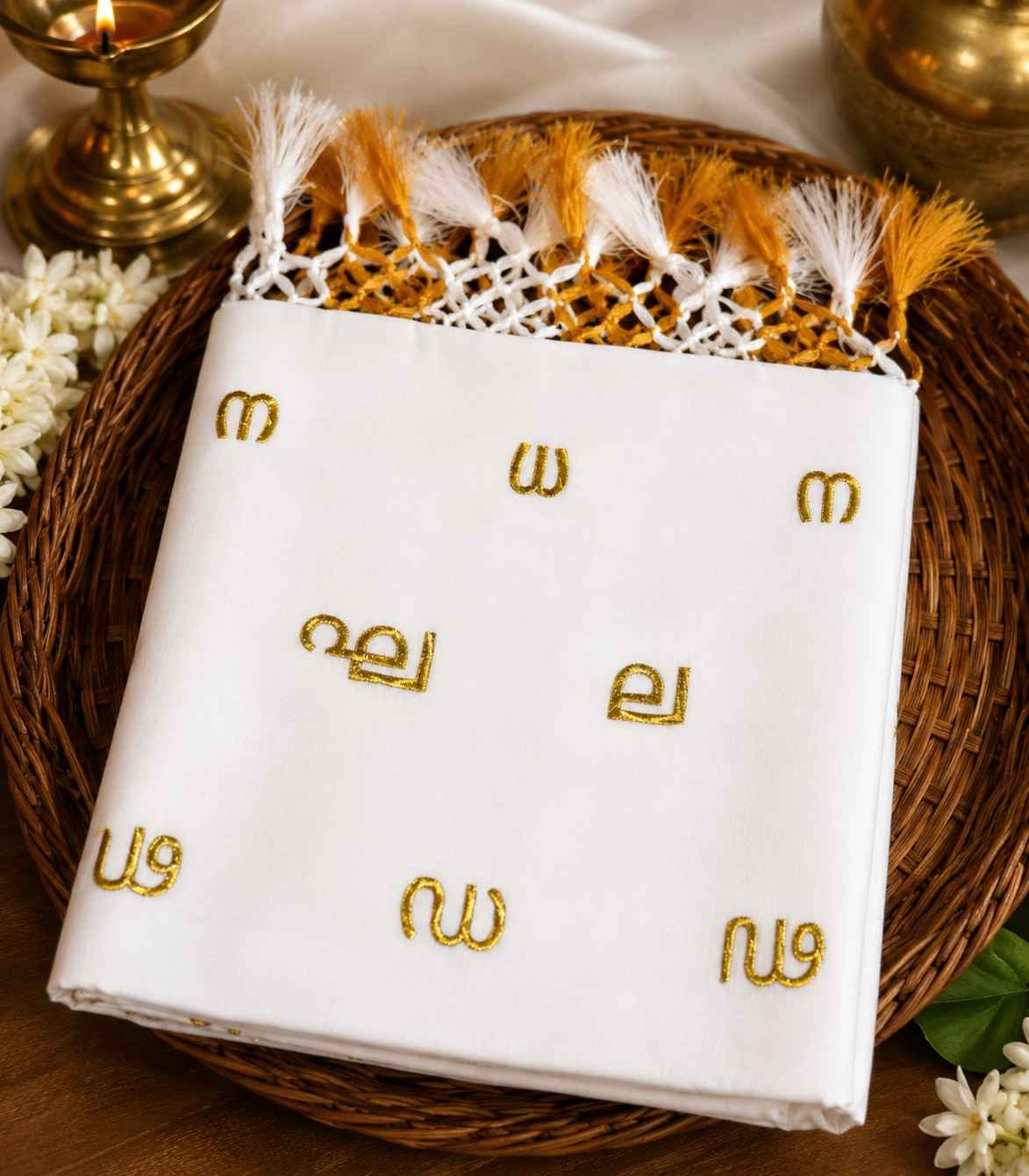 2265 Kerala Kasavu Saree With Golden Malayalam Alphabet Embroidery on Body with Tassels on Pallu