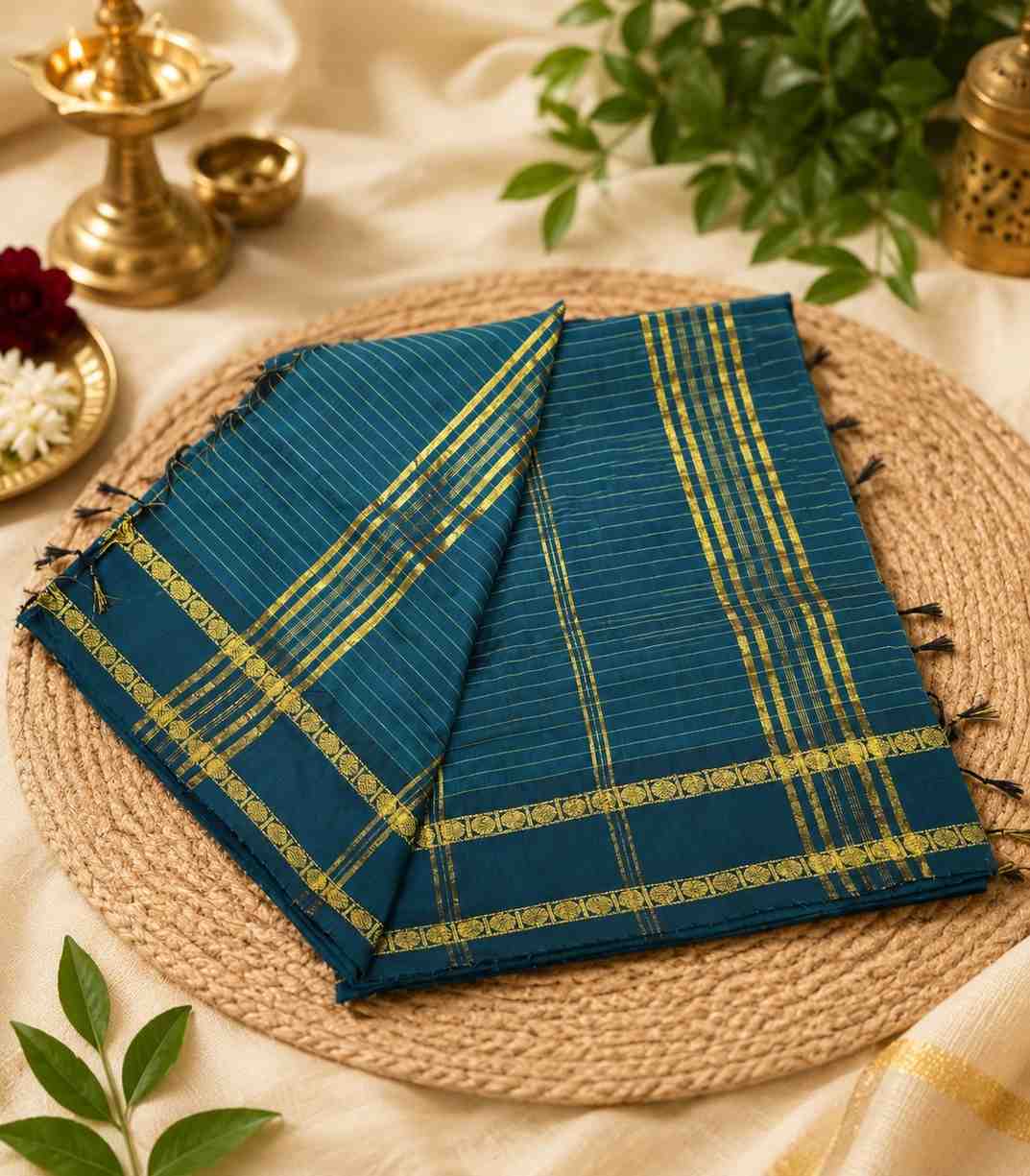 2266-teal-green-arani-kalyani-cotton-silk-saree-with-double-pet-checkered-border