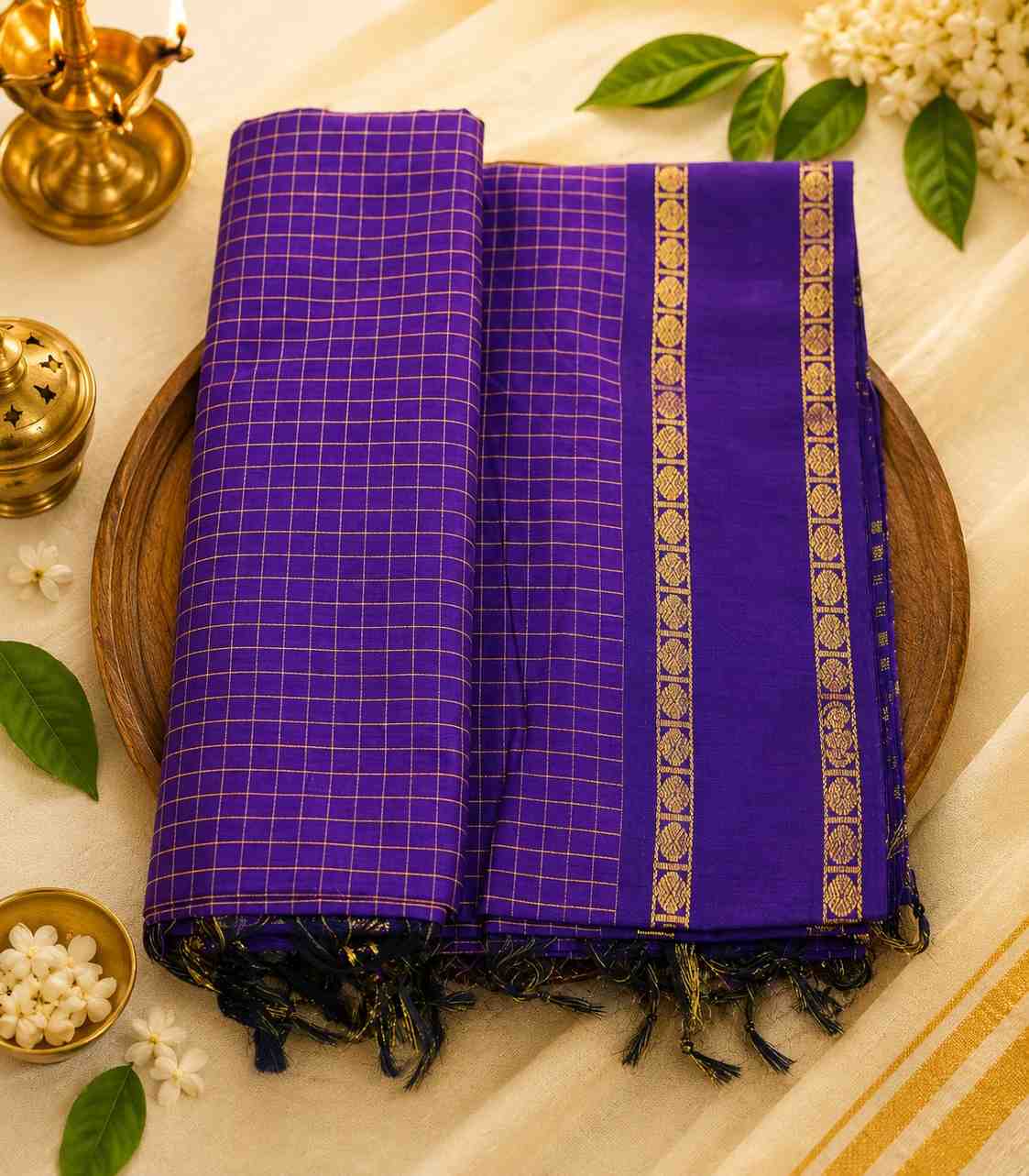 2267 Purple Arani Kalyani Cotton Silk Saree with Double Pet Checkered Border