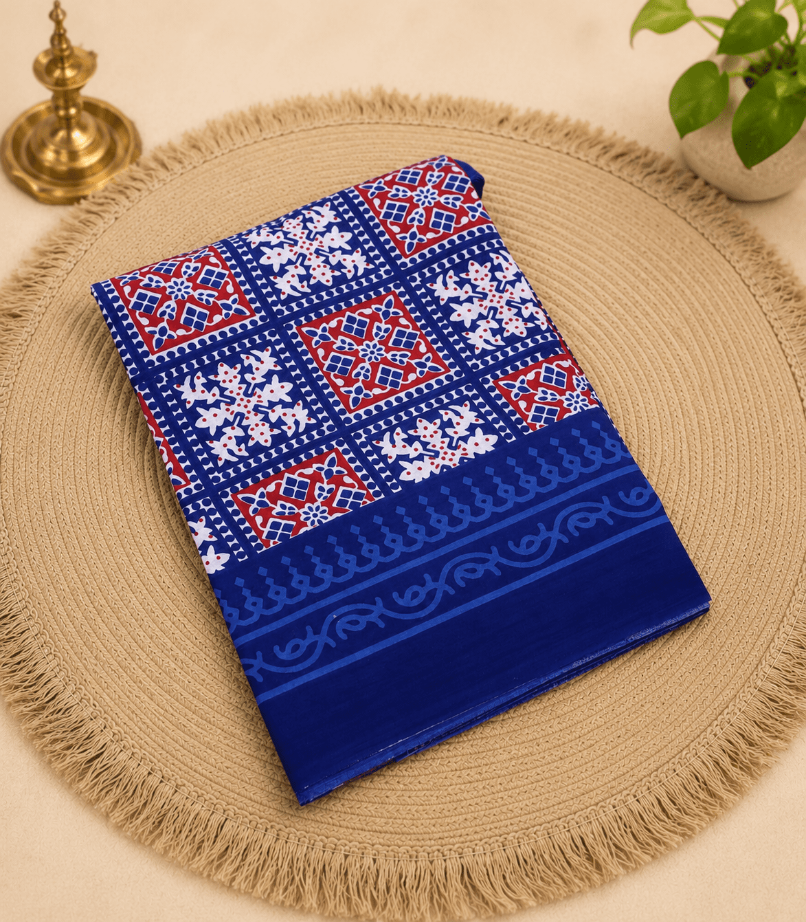 2271 Navy Blue Handblock Print MulMul Cotton Saree