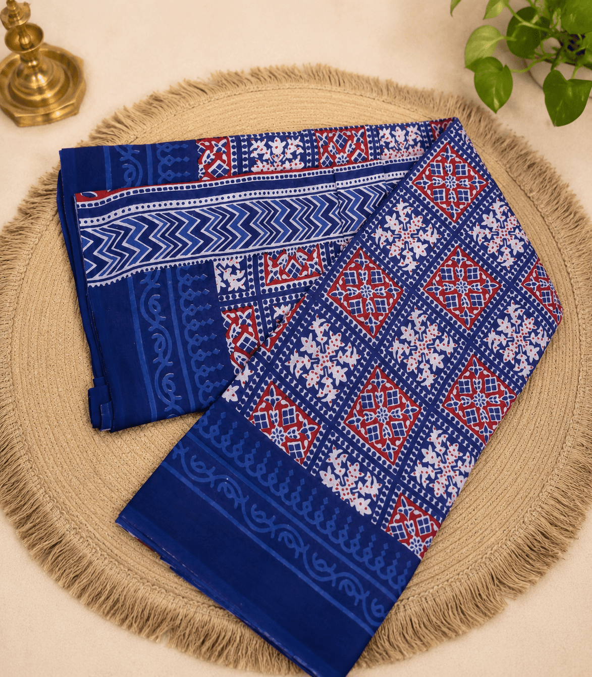 2271 Navy Blue Handblock Print MulMul Cotton Saree