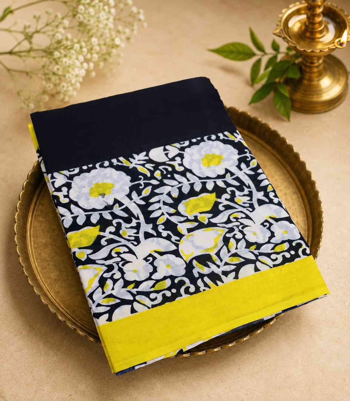 2272 Black and Yellow Hand Block Printed Daily Wear Cotton Saree
