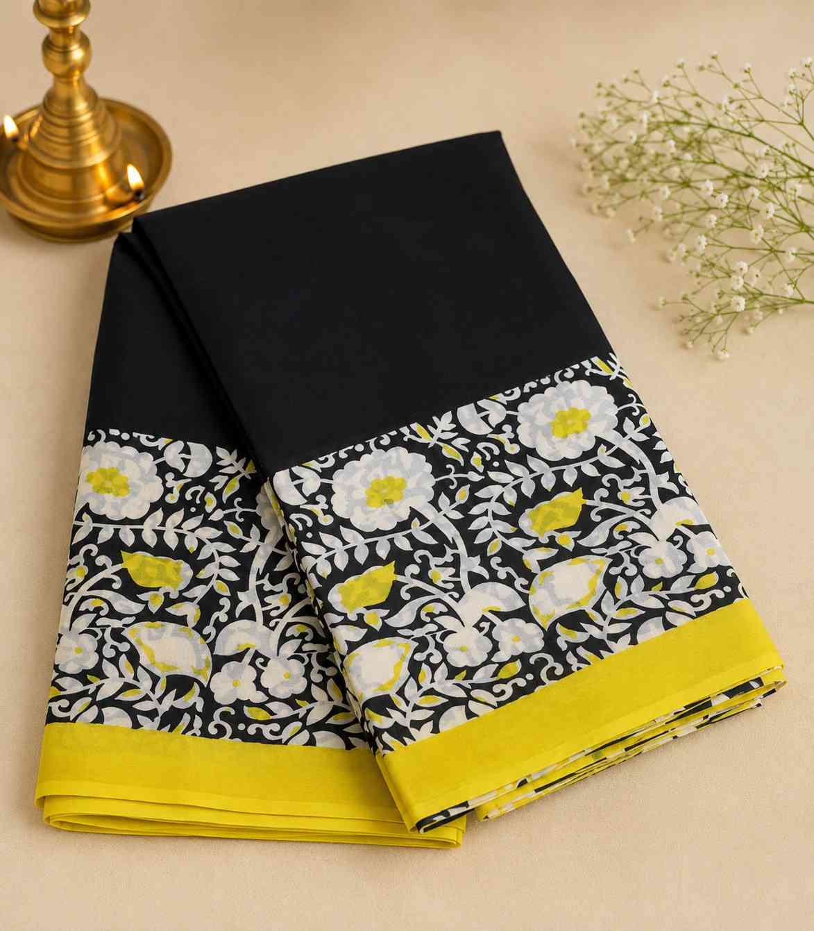 2272 Black and Yellow Hand Block Printed Daily Wear Cotton Saree