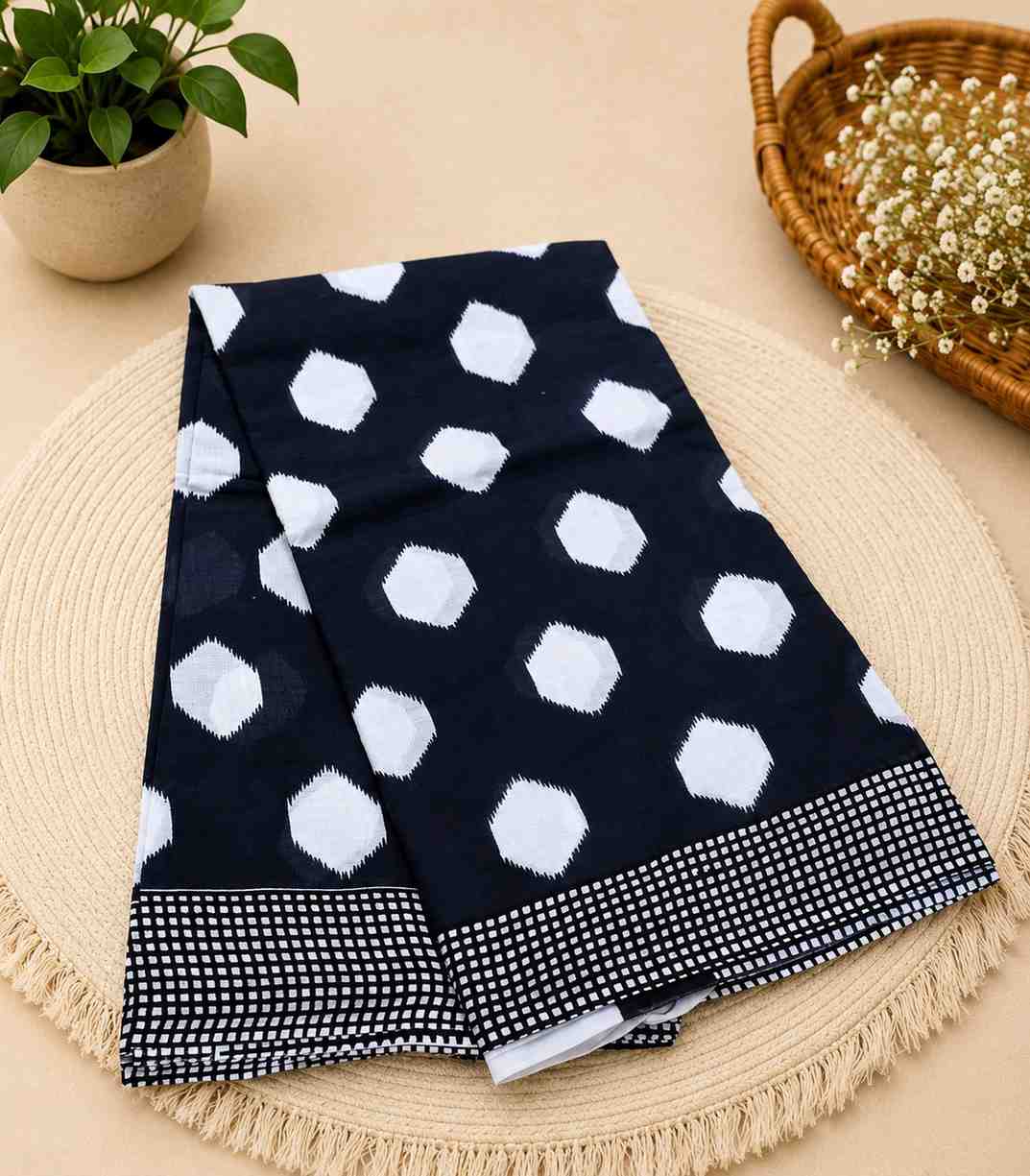 2273 Black and White Hand Block Printed Daily Wear  Mulmul Cotton Saree