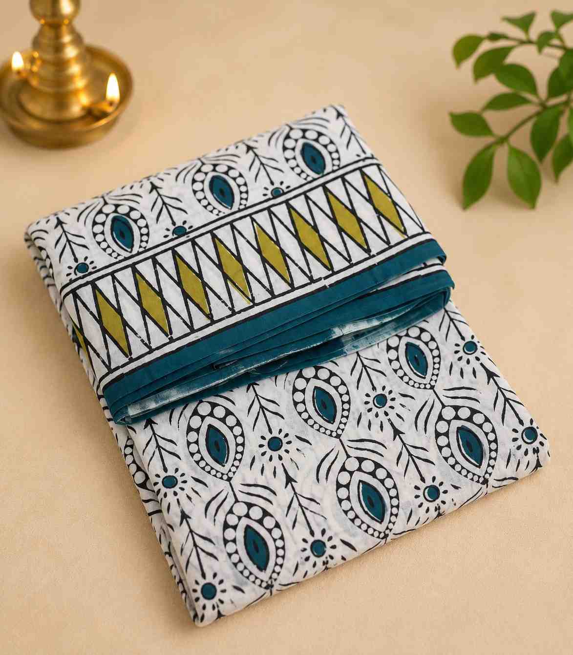 2274 Off White And Teal Hand Block Printed Daily Wear Cotton Saree