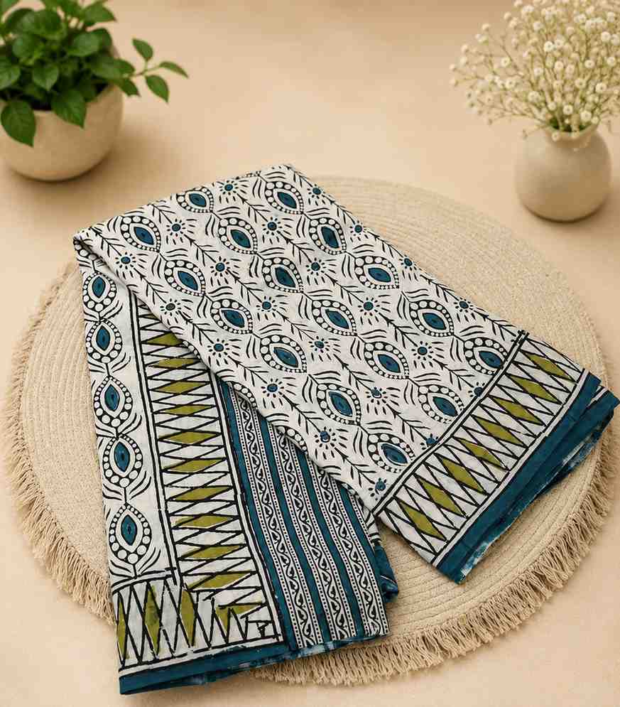 2274 Off White And Teal Hand Block Printed Daily Wear Cotton Saree