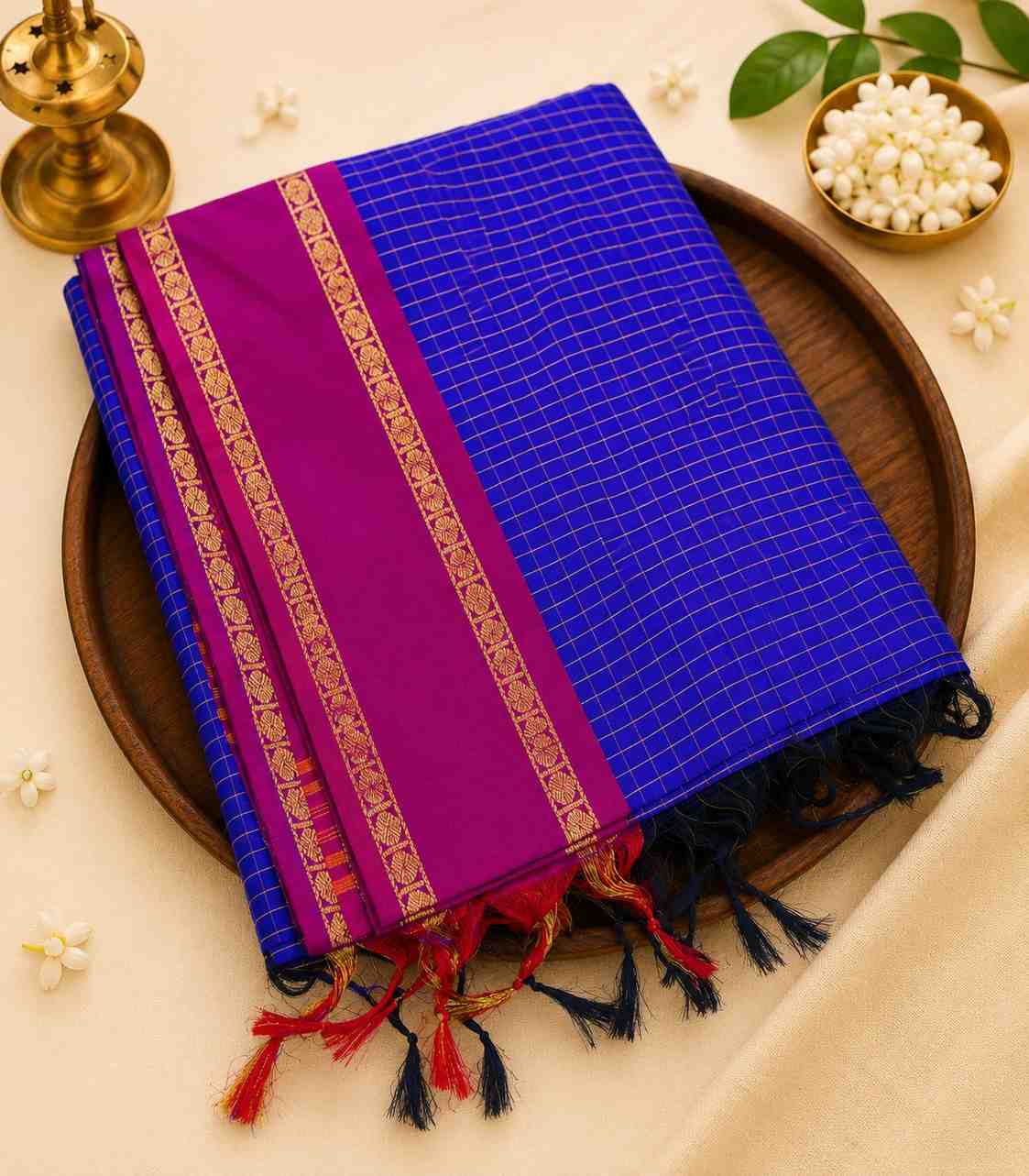 2268 Blue Color Arani Kalyani Cotton Silk Saree with Contrast Double Pet Checkered Border