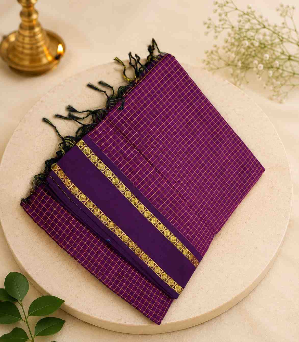 2269 Purple Color Arani Kalyani Cotton Silk Saree with Double Pet Checkered Border