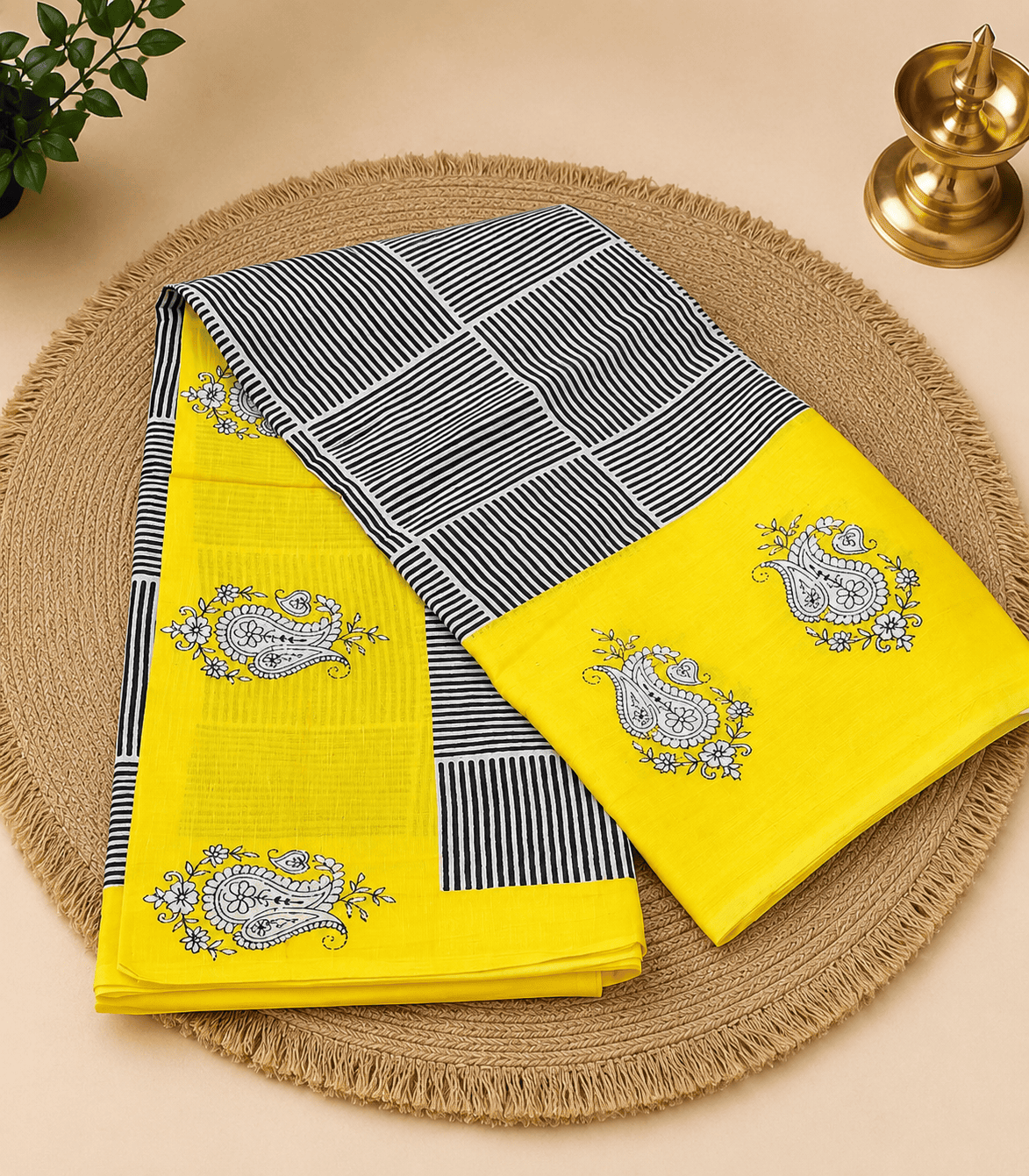 2277 Yellow and Black Hand Block Printed Daily Wear Mul Cotton Saree