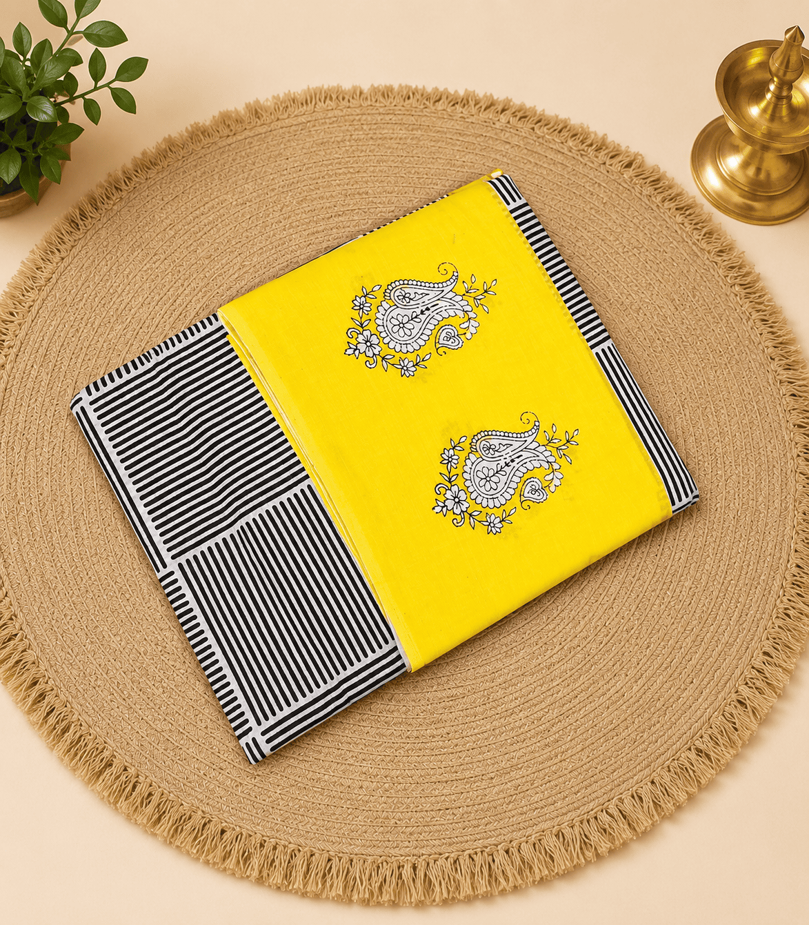 2277 Yellow and Black Hand Block Printed Daily Wear Mul Cotton Saree
