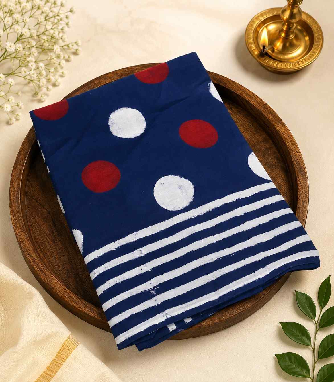 2278 Navy Blue Polka Dots Hand Block Printed Daily Wear Mul Cotton Saree