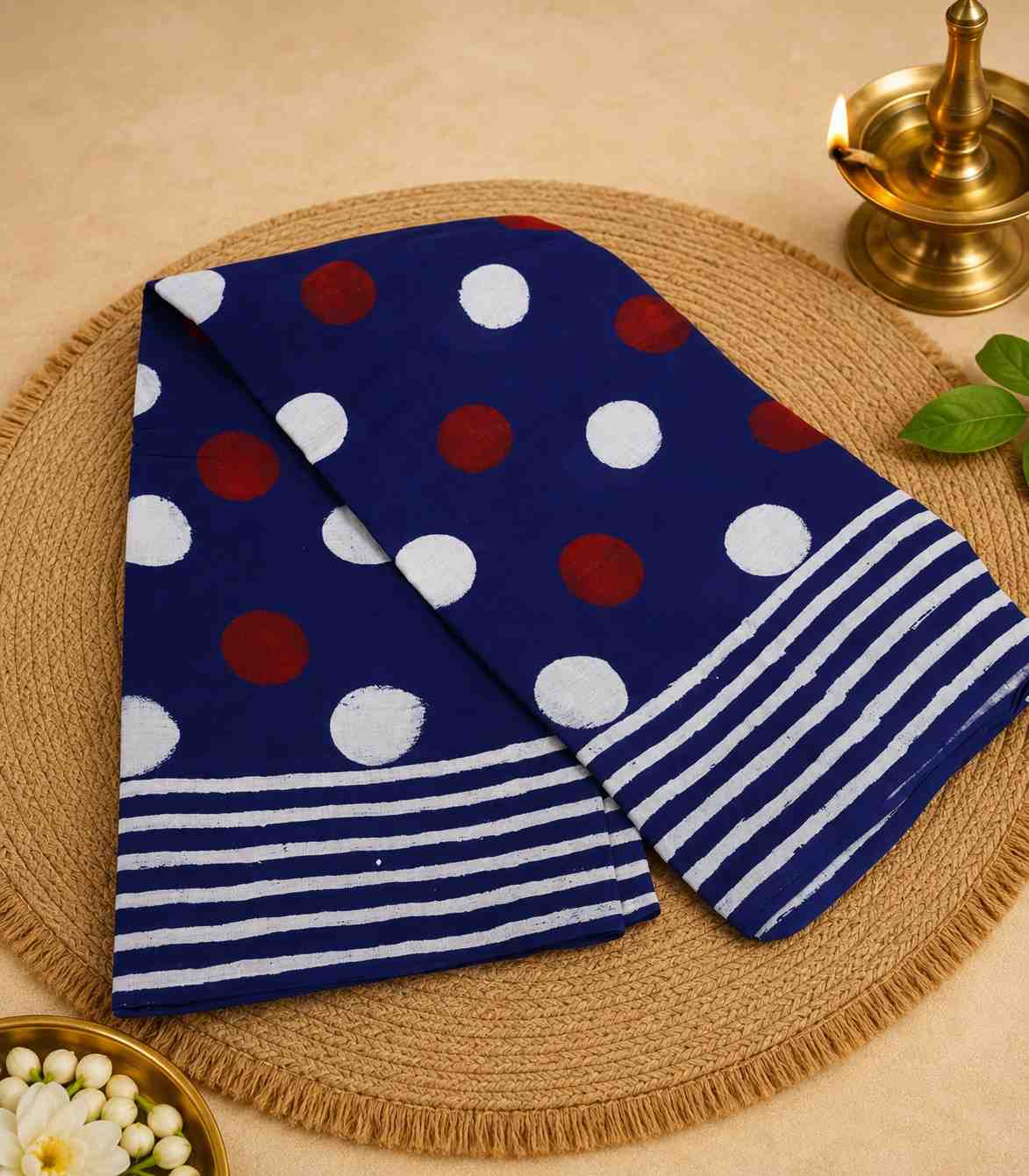 2278 Navy Blue Polka Dots Hand Block Printed Daily Wear Mul Cotton Saree