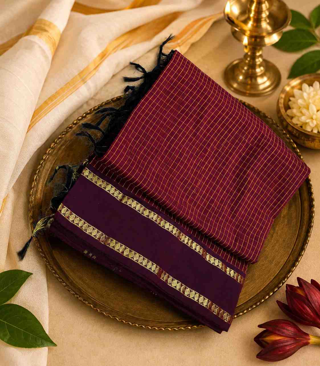 2270 Brown Color Arani Kalyani Cotton Silk Saree with Double Pet Checkered Border