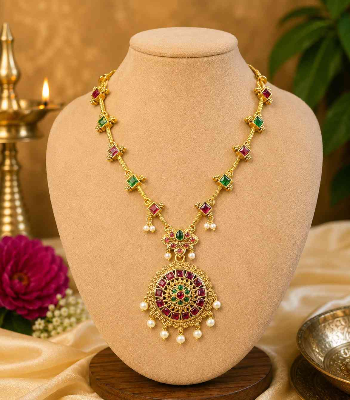 5631 Traditional South Indian Gold-Plated Kemp Stone Necklace with Pearl Drops and Lotus Shaped Earrings
