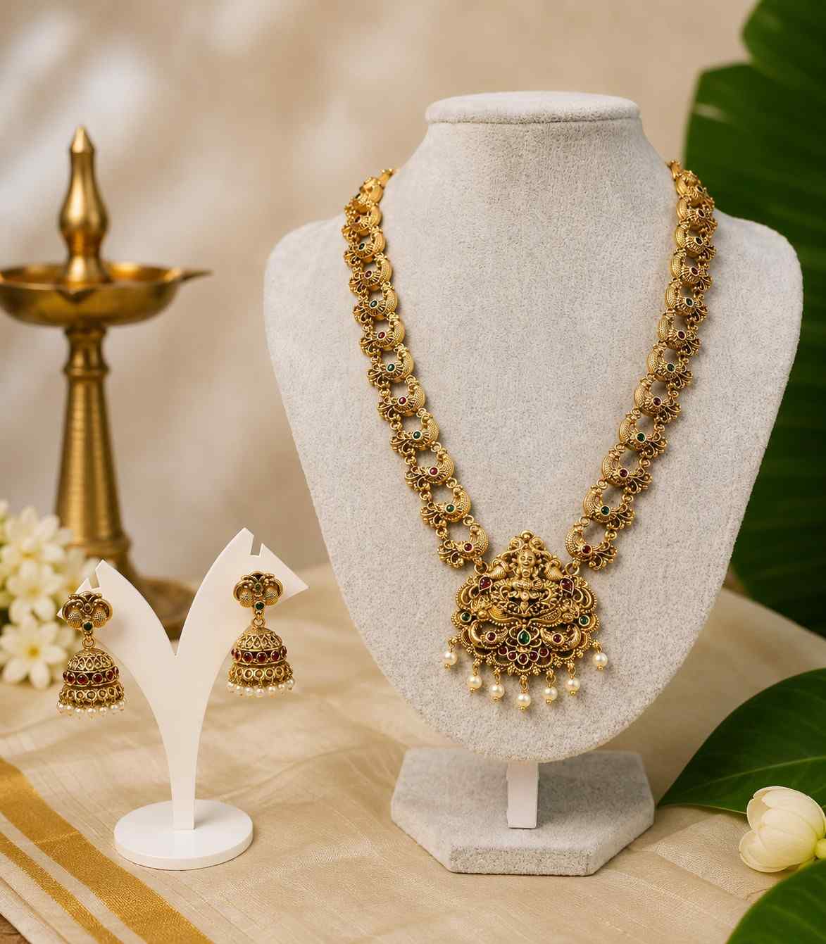 6629 Antique Matte Gold Finish Long Necklace with Matching Jhumkas Ruby Emerald Accents and Pearl Embellishments