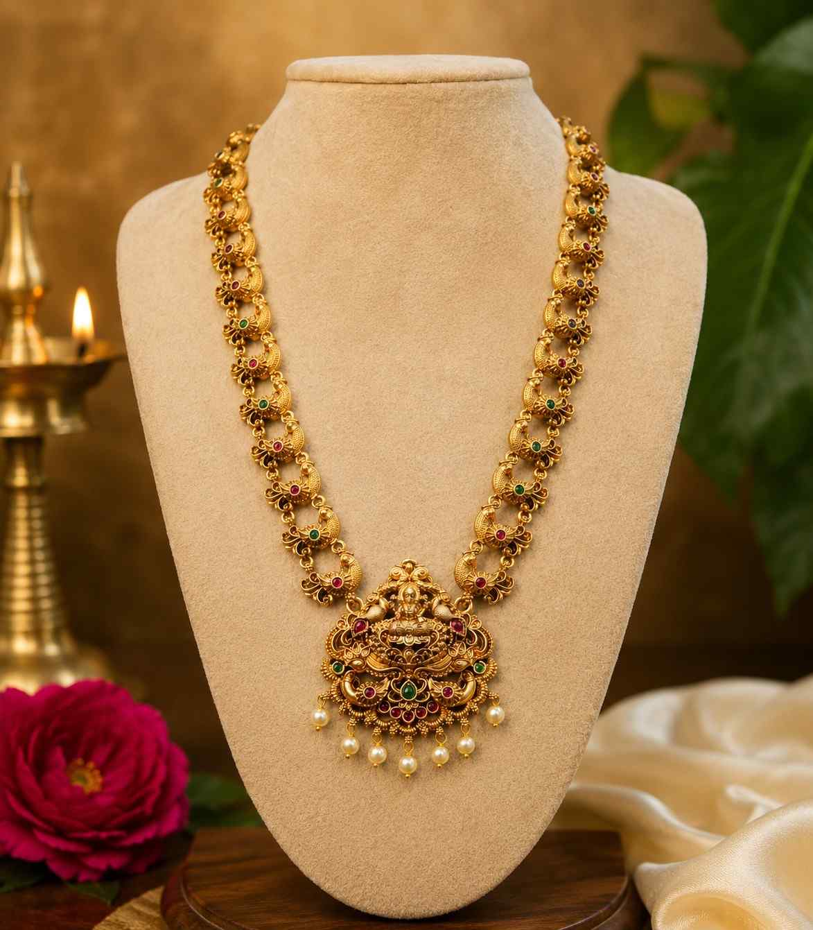 6629 Antique Matte Gold Finish Long Necklace with Matching Jhumkas Ruby Emerald Accents and Pearl Embellishments