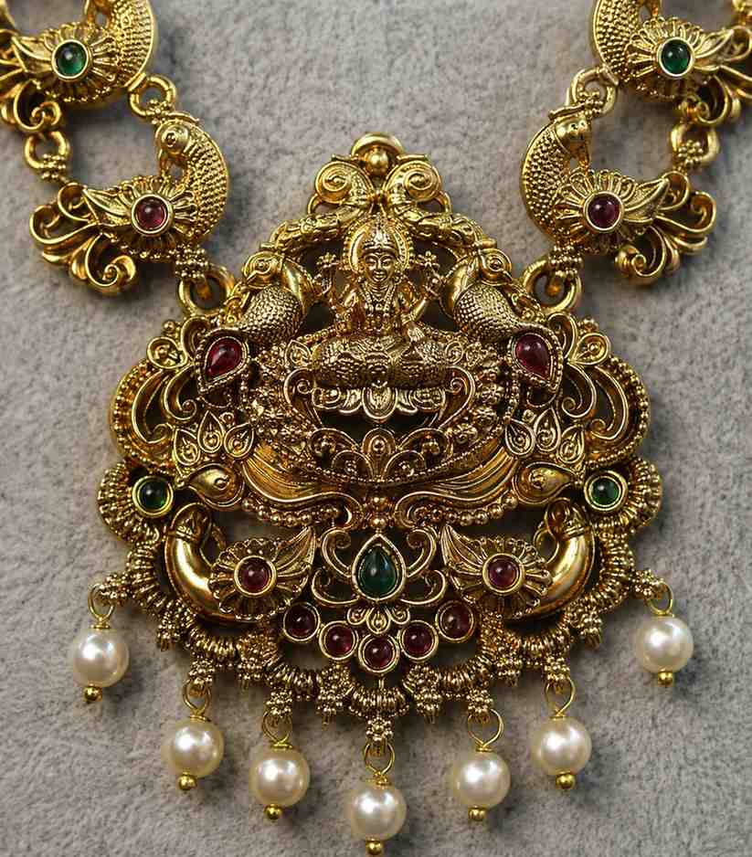 6629-antique-matte-gold-finish-long-necklace-with-matching-jhumkas-ruby-emerald-accents-and-pearl-embellishments