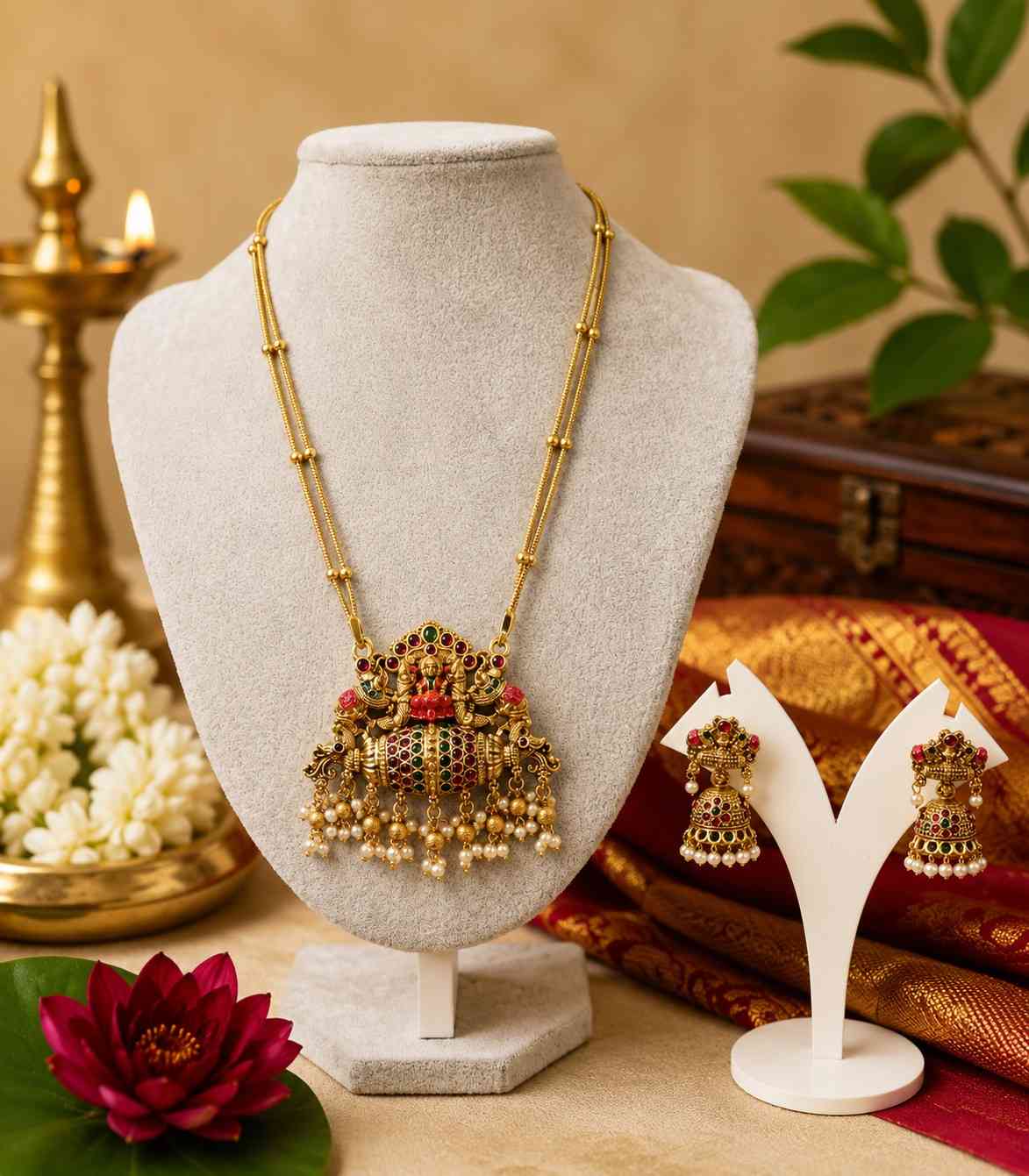 6627 Antique Gold Plated Temple Jewelry Set with Lakshmi Pendant Haram with Kemp Stones & Pearl Drops