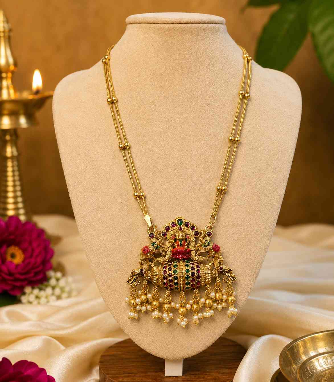 6627 Antique Gold Plated Temple Jewelry Set with Lakshmi Pendant Haram with Kemp Stones & Pearl Drops