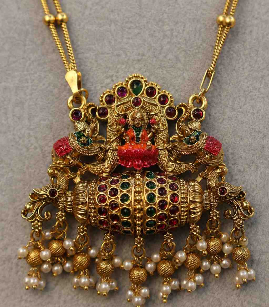 6627 Antique Gold Plated Temple Jewelry Set with Lakshmi Pendant Haram with Kemp Stones & Pearl Drops