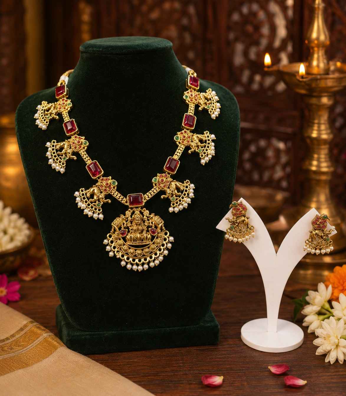 5634 Antique Gold Plated Temple Jewelry Set – Lakshmi Pendant Haram with Kemp Stones & Pearl Drops