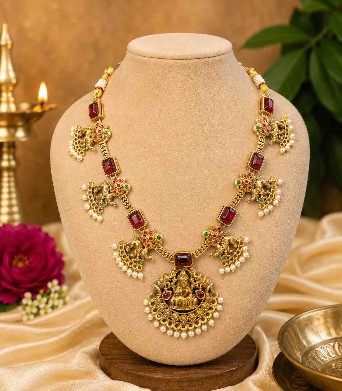 5634 Antique Gold Plated Temple Jewelry Set – Lakshmi Pendant Haram with Kemp Stones & Pearl Drops