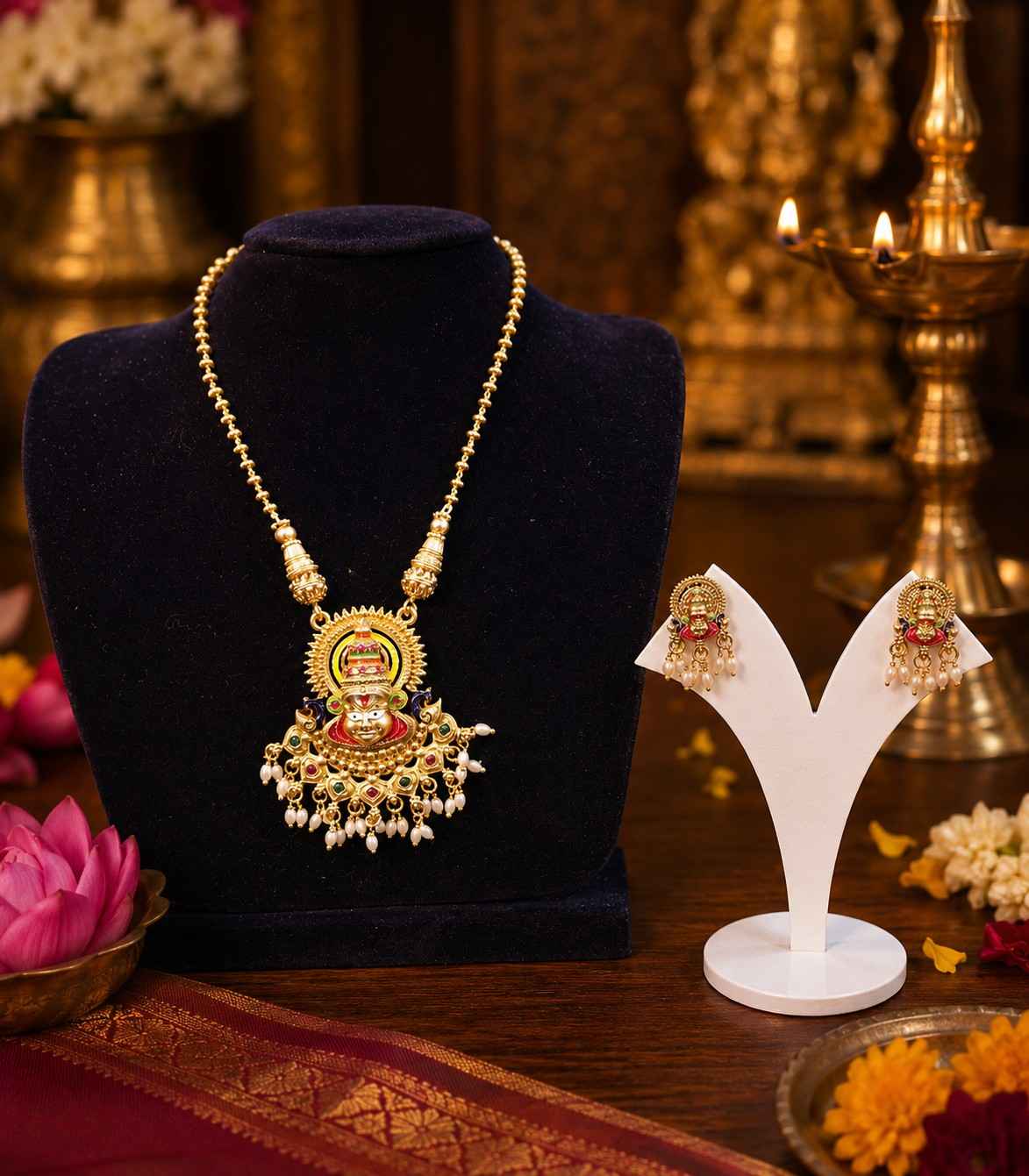 5633 Traditional Kerala Kathakali Face Design Temple Necklace Set with Earrings