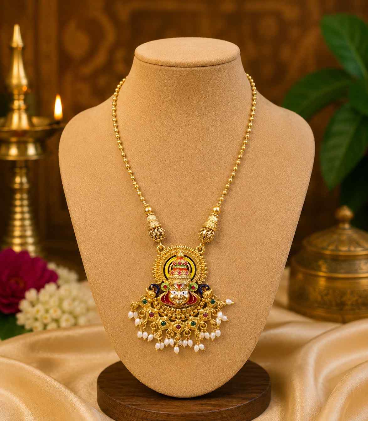 5633 Traditional Kerala Kathakali Face Design Temple Necklace Set with Earrings