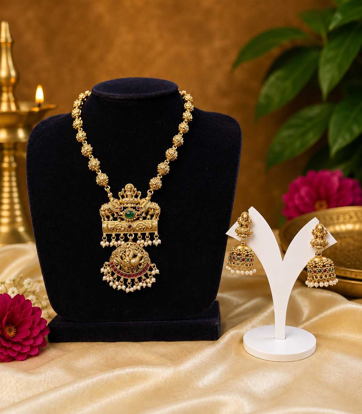 5628 Antique Gold Temple Jewelry Set with Lakshmi Pendant and Jhumka Earrings
